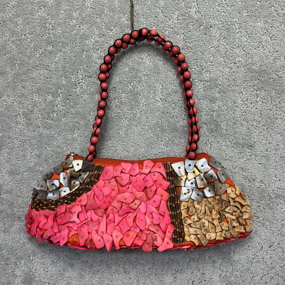 VINTAGE Pele Shoulder Bag Pink Orange Boho Shell and Wood Beaded Tropical Bag